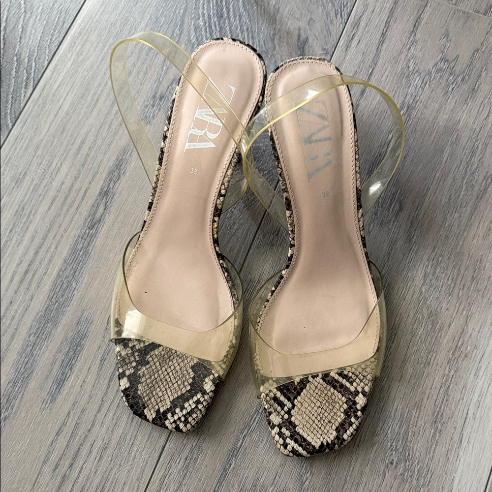 Zara Beige Snake Print Heels with Clear Straps